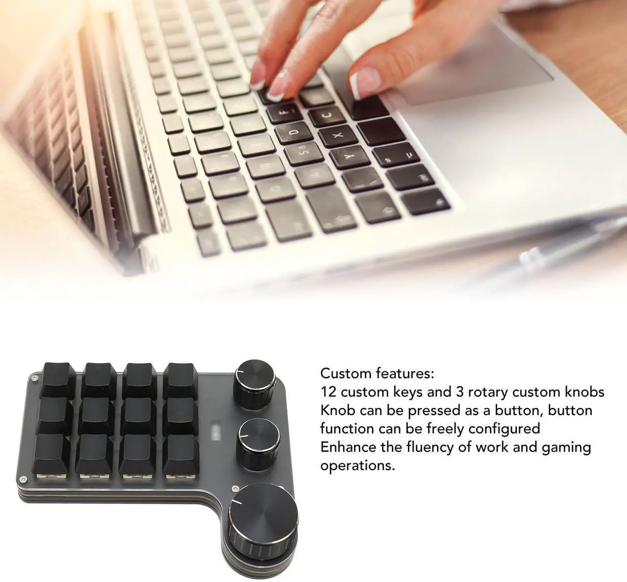 Alt view image 3 of 5 - 12 Keys USB Mini Programmable Keypad, One Handed Mechanical Keyboard with 3 Knobs for Win for Linux for OS X, Support Volume Control, Custom DIY Keypad for Game Office