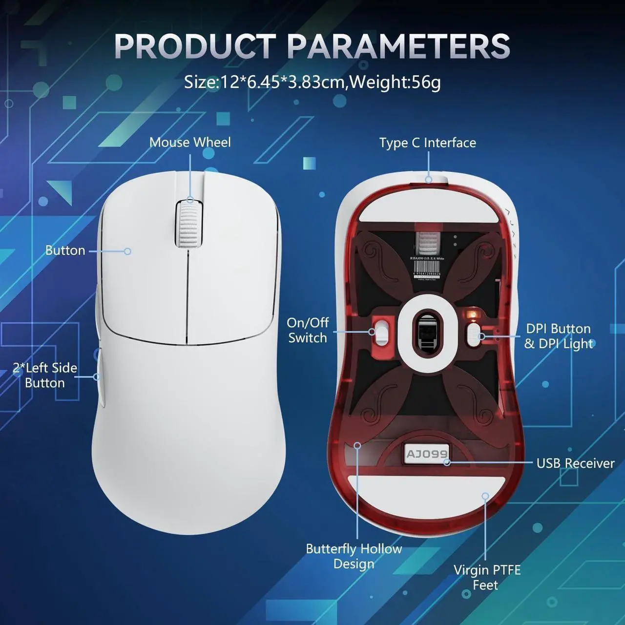 Alt view image 6 of 6 - FirstBlood AJ099 Ultralight Wireless Gaming Mouse, 54g Ultralight 2.4Ghz/Wired Computer Mouse, PAW3311 12000 DPI Optical Sensor, 200 Hours Battery Programmable Buttons, for Win/MAC PC Gamers