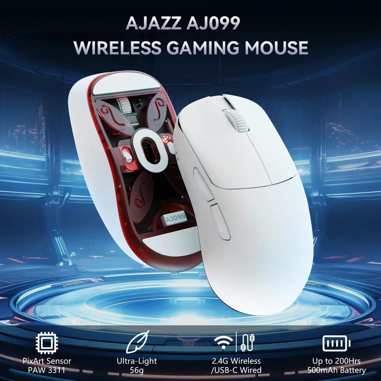 Main image of FirstBlood AJ099 Ultralight Wireless Gaming Mouse, 54g Ultralight 2.4Ghz/Wired Computer Mouse, PAW3311 12000 DPI Optical Sensor, 200 Hours Battery Programmable Buttons, for Win/MAC PC Gamers
