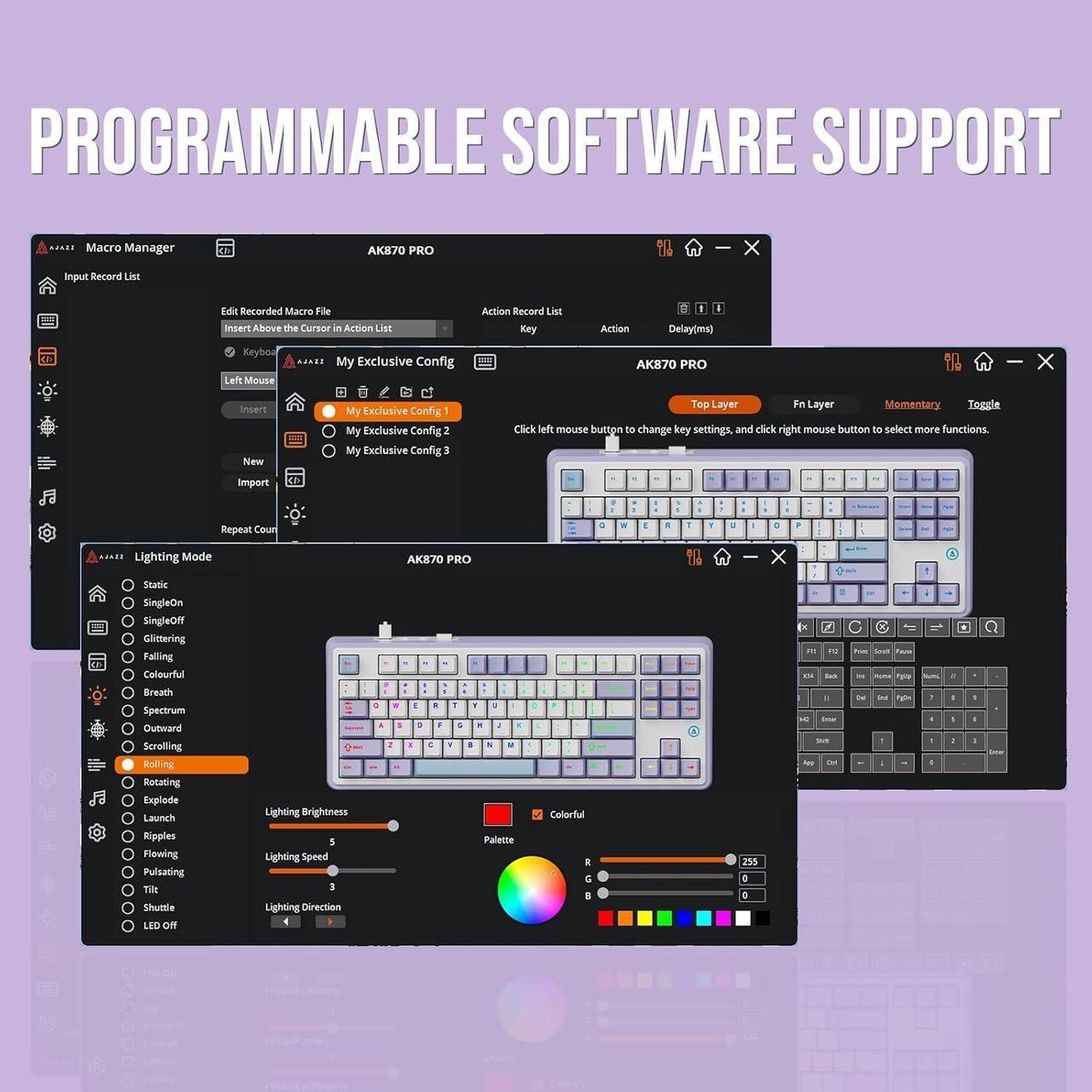 Alt view image 4 of 6 - FirstBlood AK870 Gasket Wireless Tri-Mode Gaming Keyboard, 87-Keys Compact TKL BT5.0/2.4GHz/USB-C Mechanical Keyboard with 5 Layers of Padding, Flexible Cutting PCB for Win/Mac (Purple, Gift Switch)