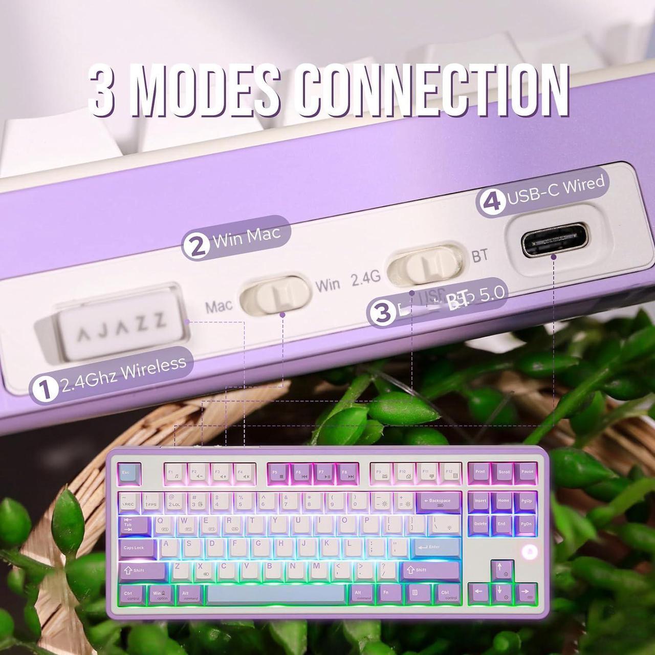 Alt view image 5 of 6 - FirstBlood AK870 Gasket Wireless Tri-Mode Gaming Keyboard, 87-Keys Compact TKL BT5.0/2.4GHz/USB-C Mechanical Keyboard with 5 Layers of Padding, Flexible Cutting PCB for Win/Mac (Purple, Gift Switch)