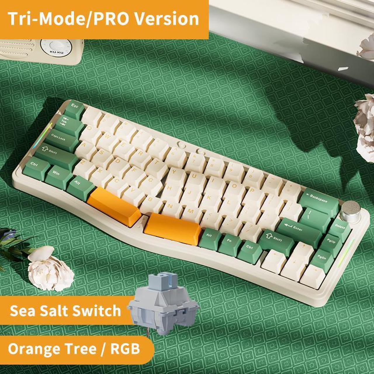 Alt view image 2 of 7 - FirstBlood AKS068 65% Sea Salt Switch Vintage Alice Washer Mount Mechanical Keyboard with Metal Knob, 3000mAH BT/2.4G/Type-C South Facing RGB LED, Programmable VIA Custom Keyboard for Mac Win