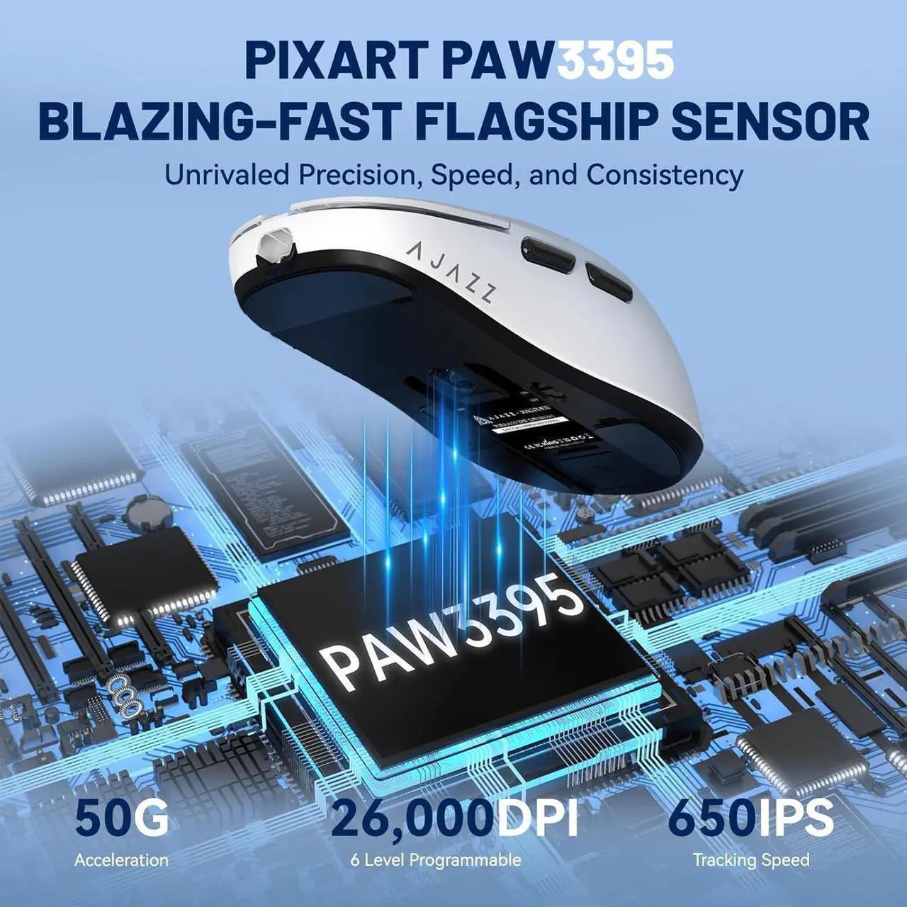 Alt view image 5 of 6 - FirstBlood AJ159, Wireless/Wired 56G Lightweight Gaming Mouse with Magnetic Charging Base, PAW3395 Sensor 26KDPI, 100 Million Clicks, 1Khz Receiver Arctic White