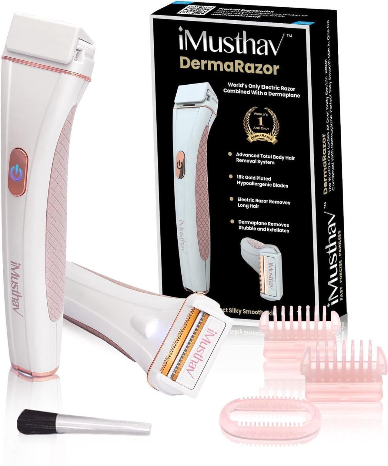 Main image of iMusthav DermaRazor Rechargeable Body Hair Remover,Bikini Trimmer for women.Removes unwanted hair stubble & pubic hair.Trim in one go perfectly silky smooth skin. 18K Gold plated hypoallergic blades