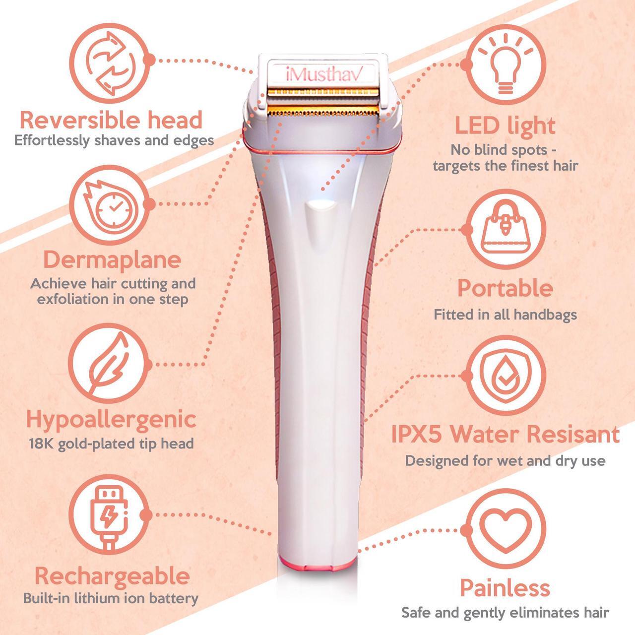 Alt view image 2 of 4 - iMusthav DermaRazor Rechargeable Body Hair Remover,Bikini Trimmer for women.Removes unwanted hair stubble & pubic hair.Trim in one go perfectly silky smooth skin. 18K Gold plated hypoallergic blades