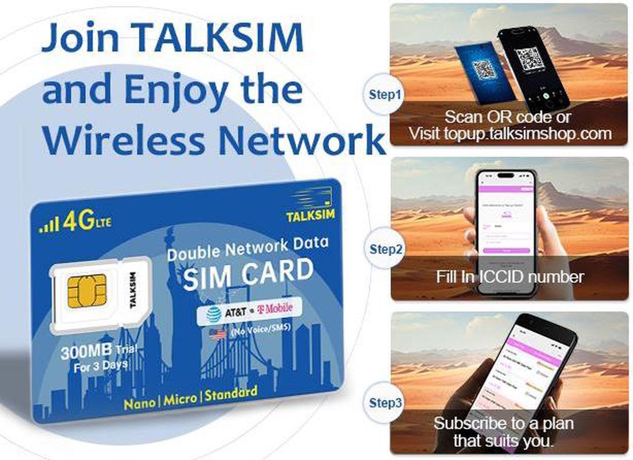 Alt view image 4 of 6 - TALKSIM USA Prepaid Data SIM Card - Compatible with AT&T/T-Mobile, Ideal for 4G Cell Phones, GPS Trackers, Security/Hunting Cameras, IoT Devices, No Hidden Fees - Includes 300MB Trial Data (3 Days)
