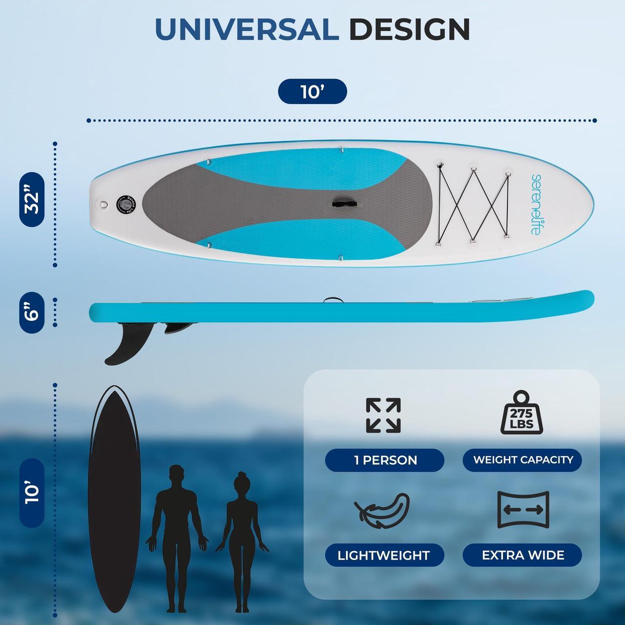 Alt view image 5 of 7 - SereneLife 116 Inflatable SUP - Family Stand Up Paddle Board for 2 Adults and One Child - 35 Wide Stable Design with Non-Slip EVA Deck Pad, Premium SUP Accessories, 440 lbs. Capacity