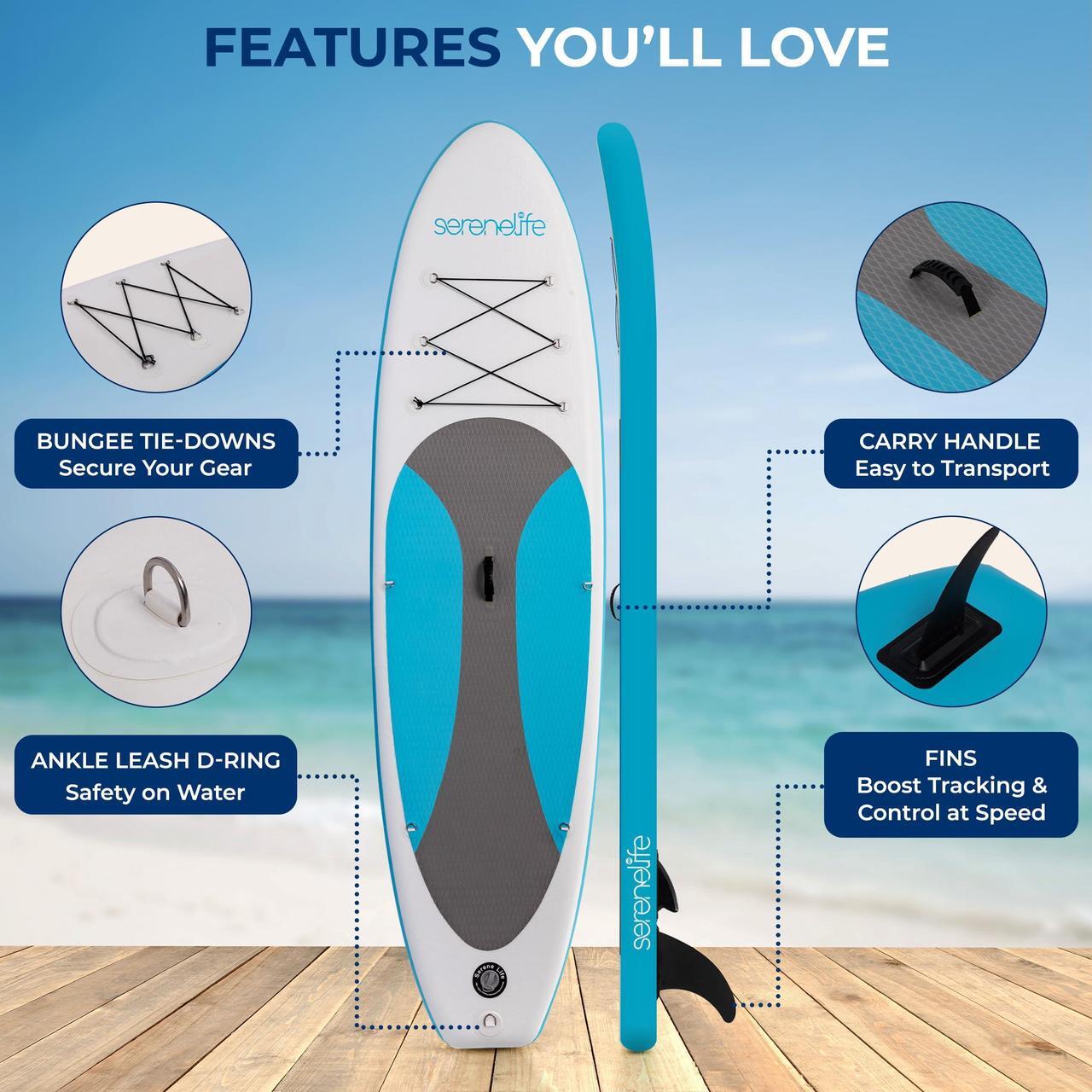 Alt view image 3 of 7 - SereneLife 116 Inflatable SUP - Family Stand Up Paddle Board for 2 Adults and One Child - 35 Wide Stable Design with Non-Slip EVA Deck Pad, Premium SUP Accessories, 440 lbs. Capacity