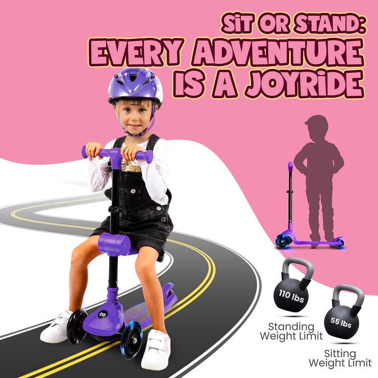 Alt view image 2 of 6 - SereneLife Kids Foldable LED Wheel Kick Scooter with Seat - Purple (SLKSC26PR)