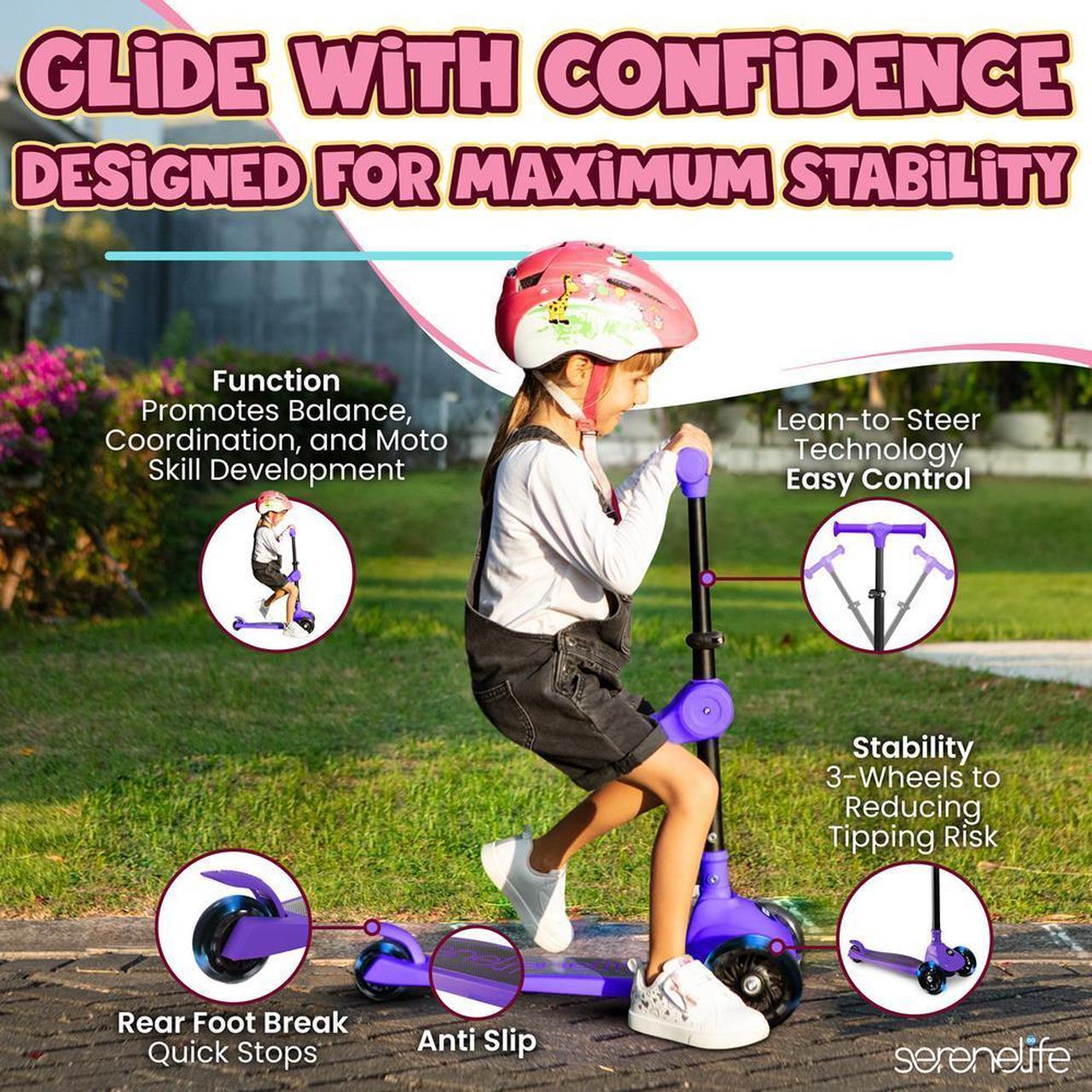 Alt view image 3 of 6 - SereneLife Kids Foldable LED Wheel Kick Scooter with Seat - Purple (SLKSC26PR)