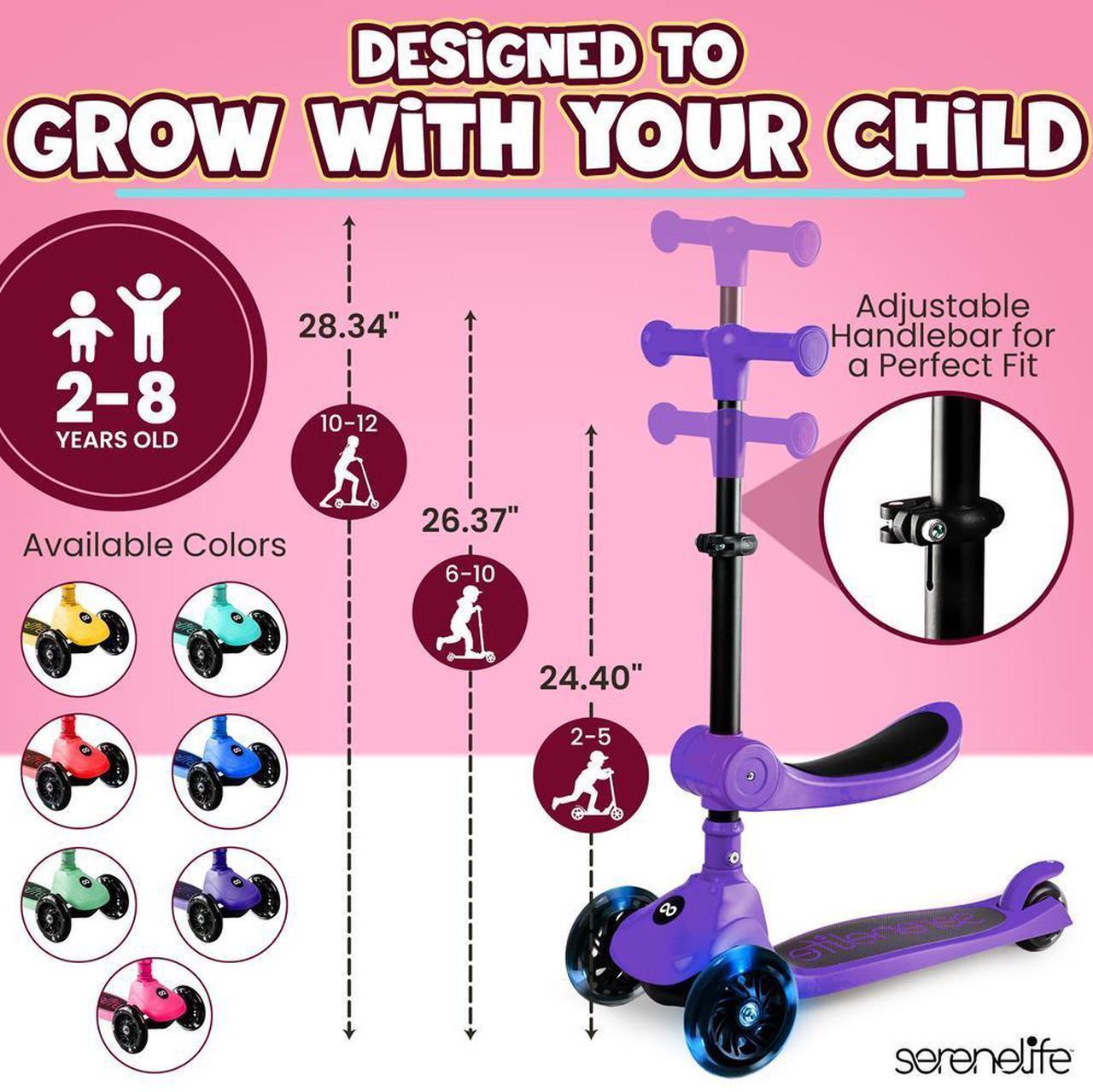 Alt view image 4 of 6 - SereneLife Kids Foldable LED Wheel Kick Scooter with Seat - Purple (SLKSC26PR)