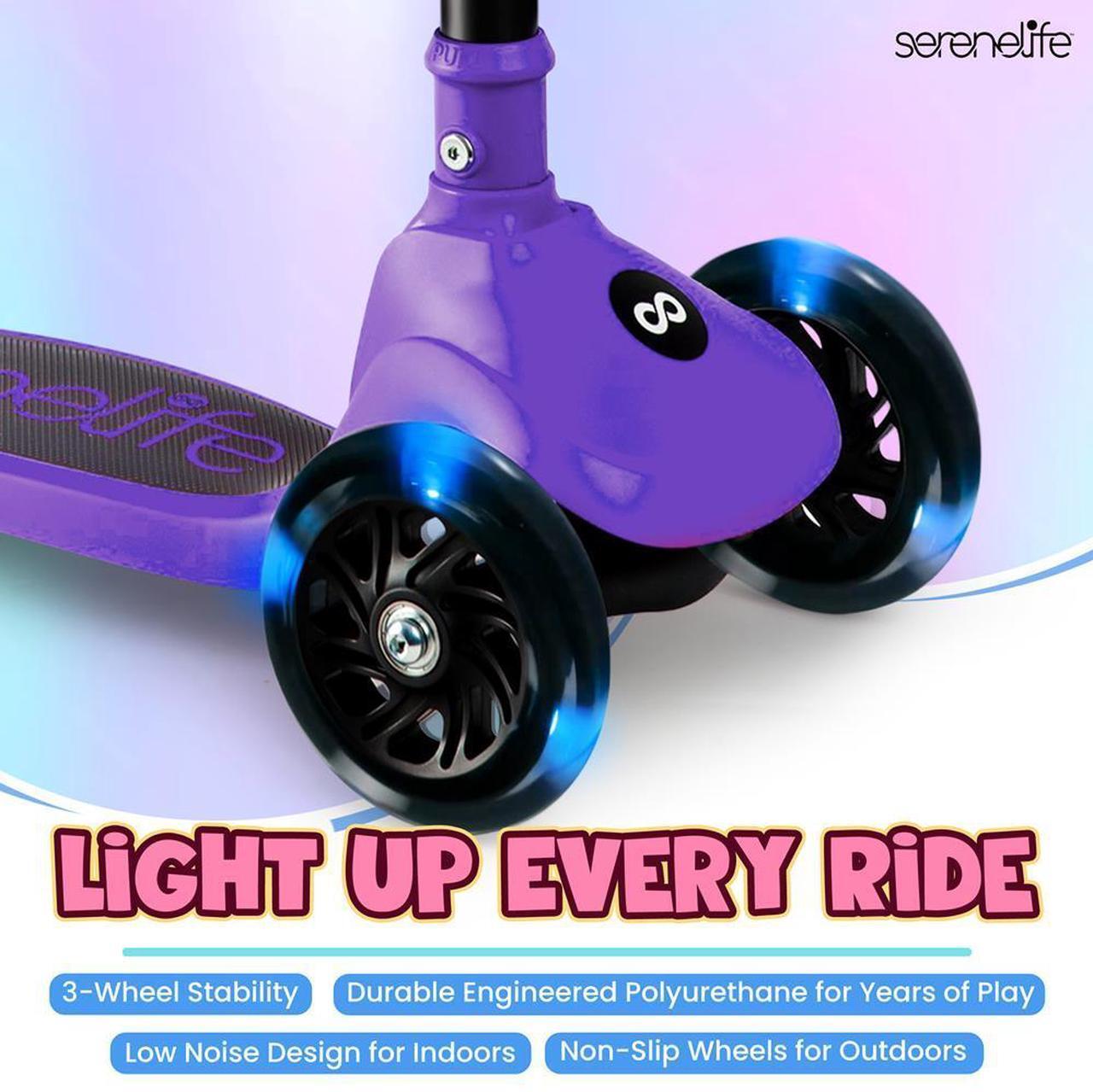 Alt view image 5 of 6 - SereneLife Kids Foldable LED Wheel Kick Scooter with Seat - Purple (SLKSC26PR)