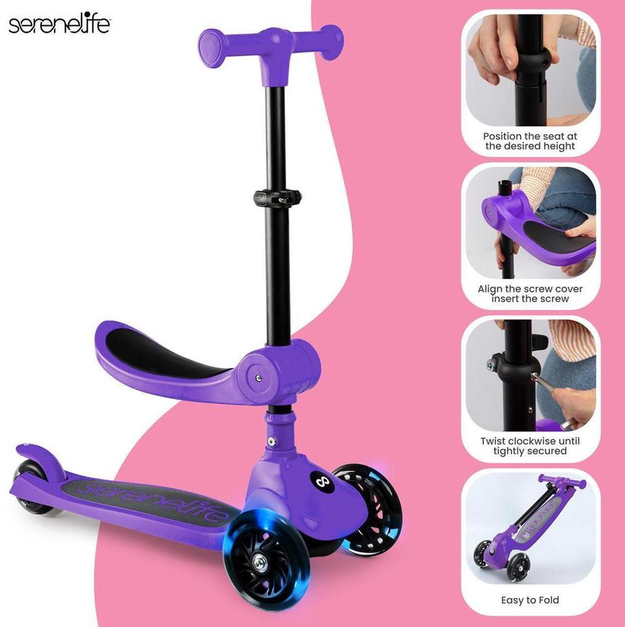 Alt view image 6 of 6 - SereneLife Kids Foldable LED Wheel Kick Scooter with Seat - Purple (SLKSC26PR)