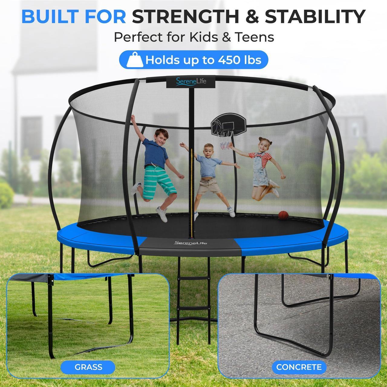 Alt view image 2 of 5 - SereneLife 14FT Outdoor Trampoline for Kids  Durable Backyard Kids Trampoline with Curved Safety Poles, Net Enclosure, Ladder & Basketball Hoop  ASTM Certified, Supports 330 lbs, 168"x116", Blue