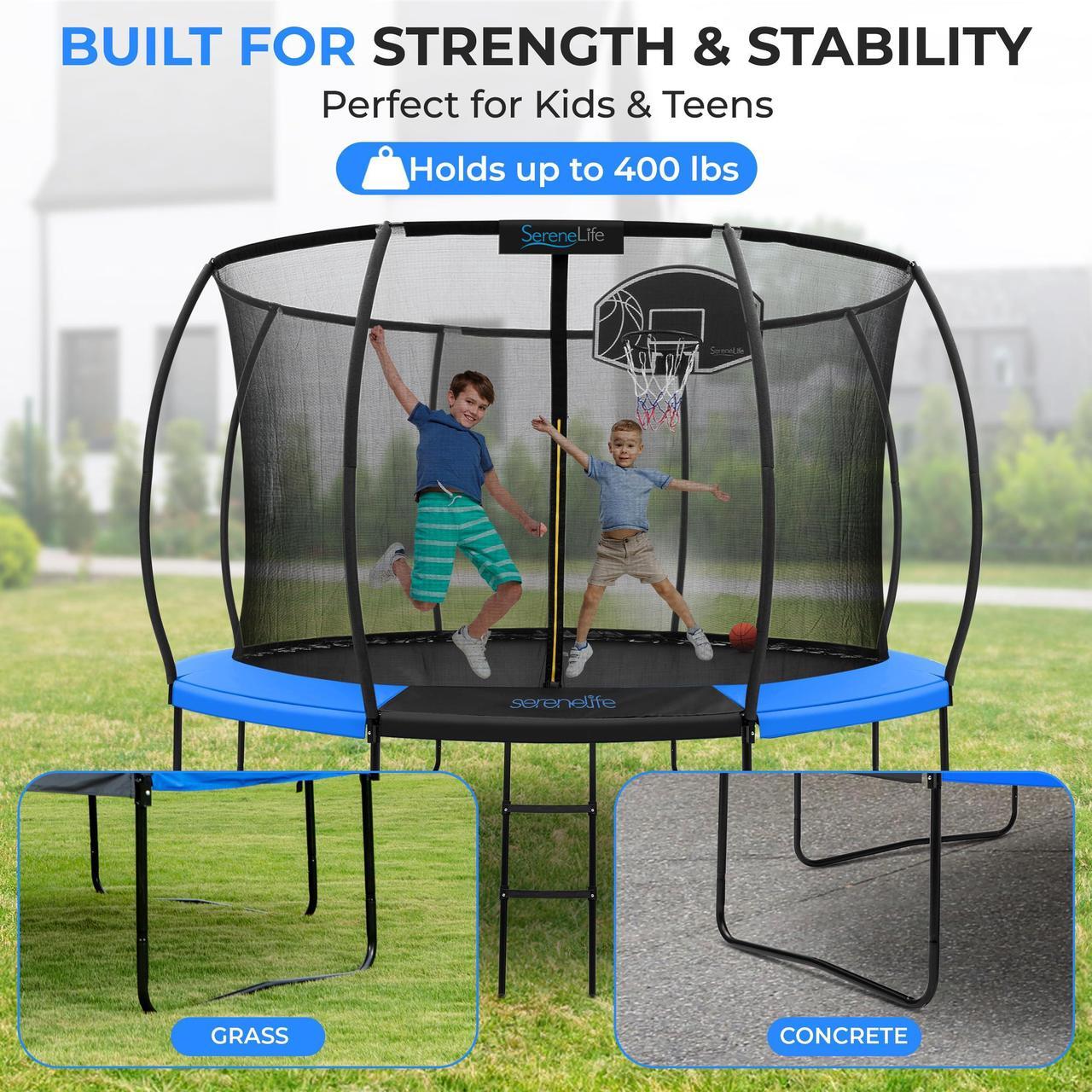 Alt view image 2 of 5 - SereneLife 12FT Outdoor Trampoline for Kids  Durable Backyard Kids Trampoline with Curved Safety Poles, Net Enclosure, Ladder & Basketball Hoop  ASTM Certified, Supports 308 lbs, 144"x116", Bue