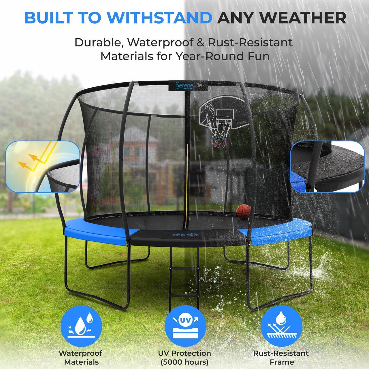 Alt view image 5 of 5 - SereneLife 12FT Outdoor Trampoline for Kids  Durable Backyard Kids Trampoline with Curved Safety Poles, Net Enclosure, Ladder & Basketball Hoop  ASTM Certified, Supports 308 lbs, 144"x116", Bue