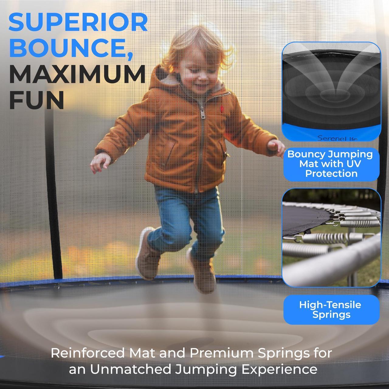 Alt view image 3 of 5 - SereneLife 14FT Outdoor Trampoline for Kids  Durable Backyard Kids Trampoline with Curved Safety Poles, Net Enclosure, Ladder & Basketball Hoop  ASTM Certified, Supports 330 lbs, 168"x116", Blue