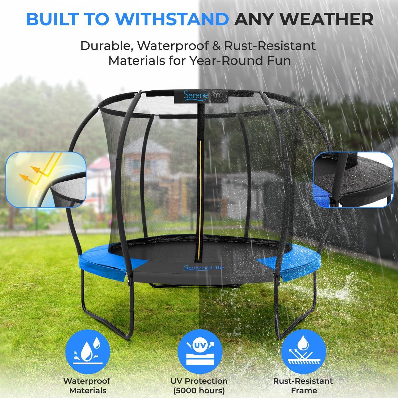 Alt view image 5 of 5 - SereneLife 8FT Outdoor Trampoline for Kids  Durable Backyard Kids Trampoline with Curved Safety Poles, Net Enclosure, Ladder & Basketball Hoop  ASTM Certified, Supports 264 lbs, 96"x82", Blue