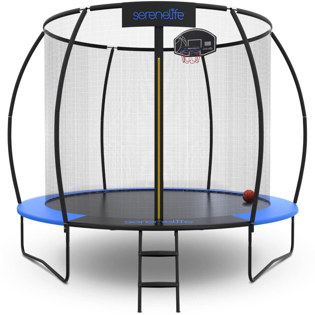 Main image of SereneLife 12FT Outdoor Trampoline for Kids  Durable Backyard Kids Trampoline with Curved Safety Poles, Net Enclosure, Ladder & Basketball Hoop  ASTM Certified, Supports 308 lbs, 144"x116", Bue