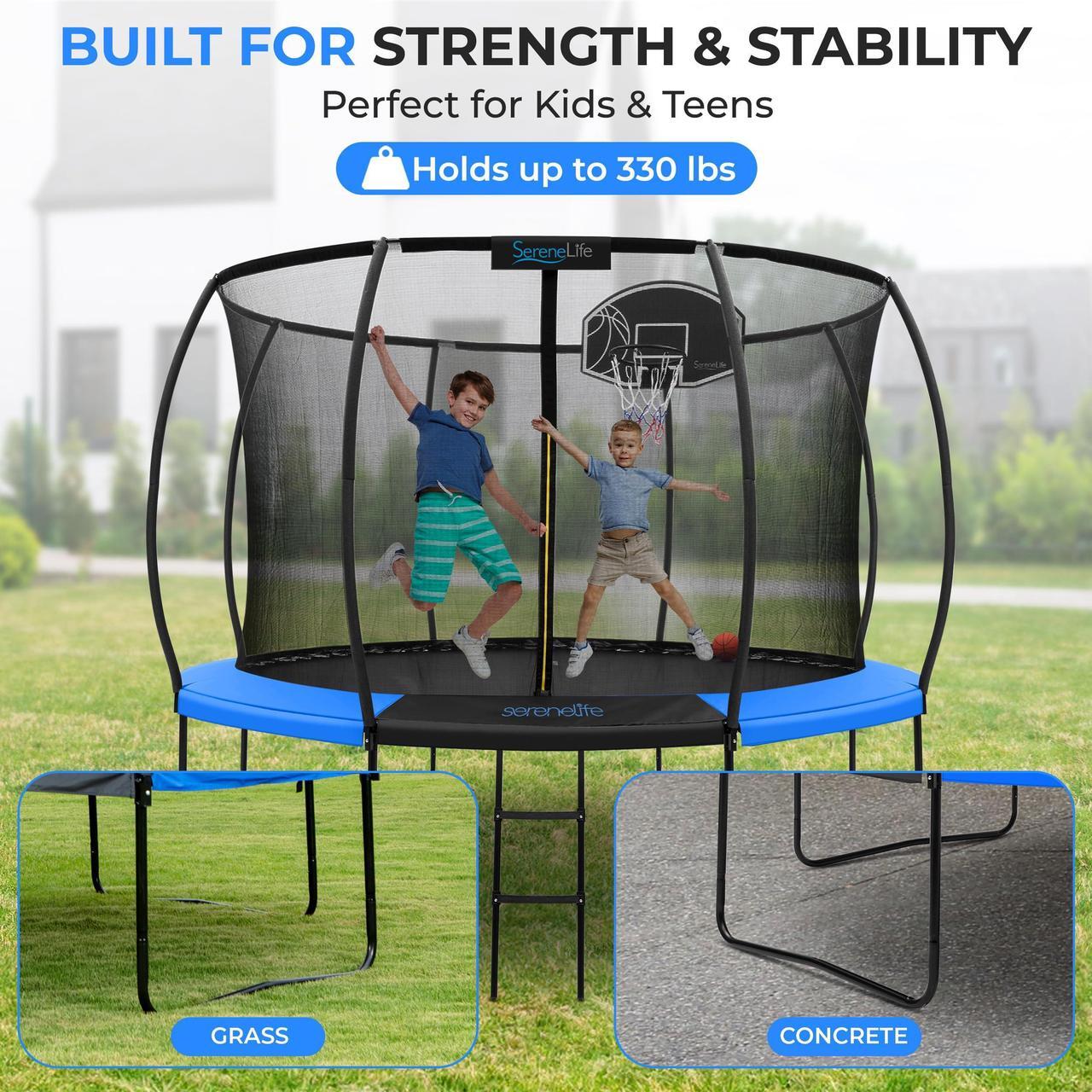 Alt view image 2 of 5 - SereneLife 10FT Outdoor Trampoline for Kids  Durable Backyard Kids Trampoline with Curved Safety Poles, Net Enclosure, Ladder & Basketball Hoop  ASTM Certified, Supports 308 lbs, 120"x111", Blue