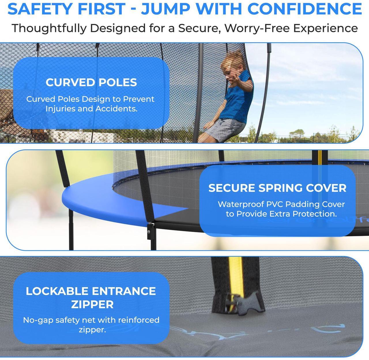 Alt view image 4 of 5 - SereneLife 12FT Outdoor Trampoline for Kids  Durable Backyard Kids Trampoline with Curved Safety Poles, Net Enclosure, Ladder & Basketball Hoop  ASTM Certified, Supports 308 lbs, 144"x116", Bue