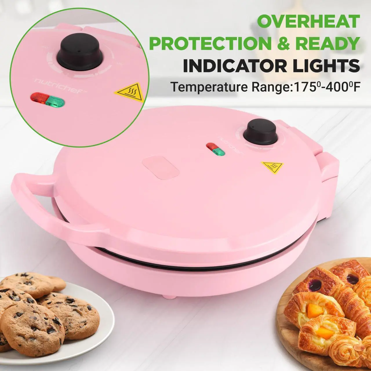 Alt view image 3 of 5 - NutriChef Countertop Pizza Maker | 1500W Non-Stick Electric Pizza Cooker | Make 12" Personal Pizzas, Eggs, Toast & More | Cool-Touch Handles, Compact & Space-Saving | Temp Range 175-400°F | Pink