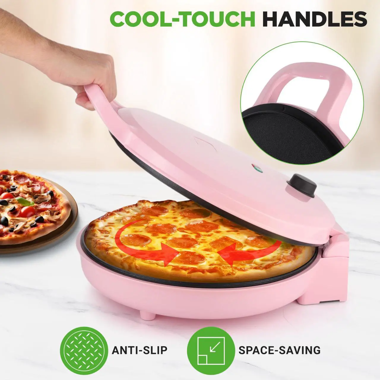 Alt view image 5 of 5 - NutriChef Countertop Pizza Maker | 1500W Non-Stick Electric Pizza Cooker | Make 12" Personal Pizzas, Eggs, Toast & More | Cool-Touch Handles, Compact & Space-Saving | Temp Range 175-400°F | Pink