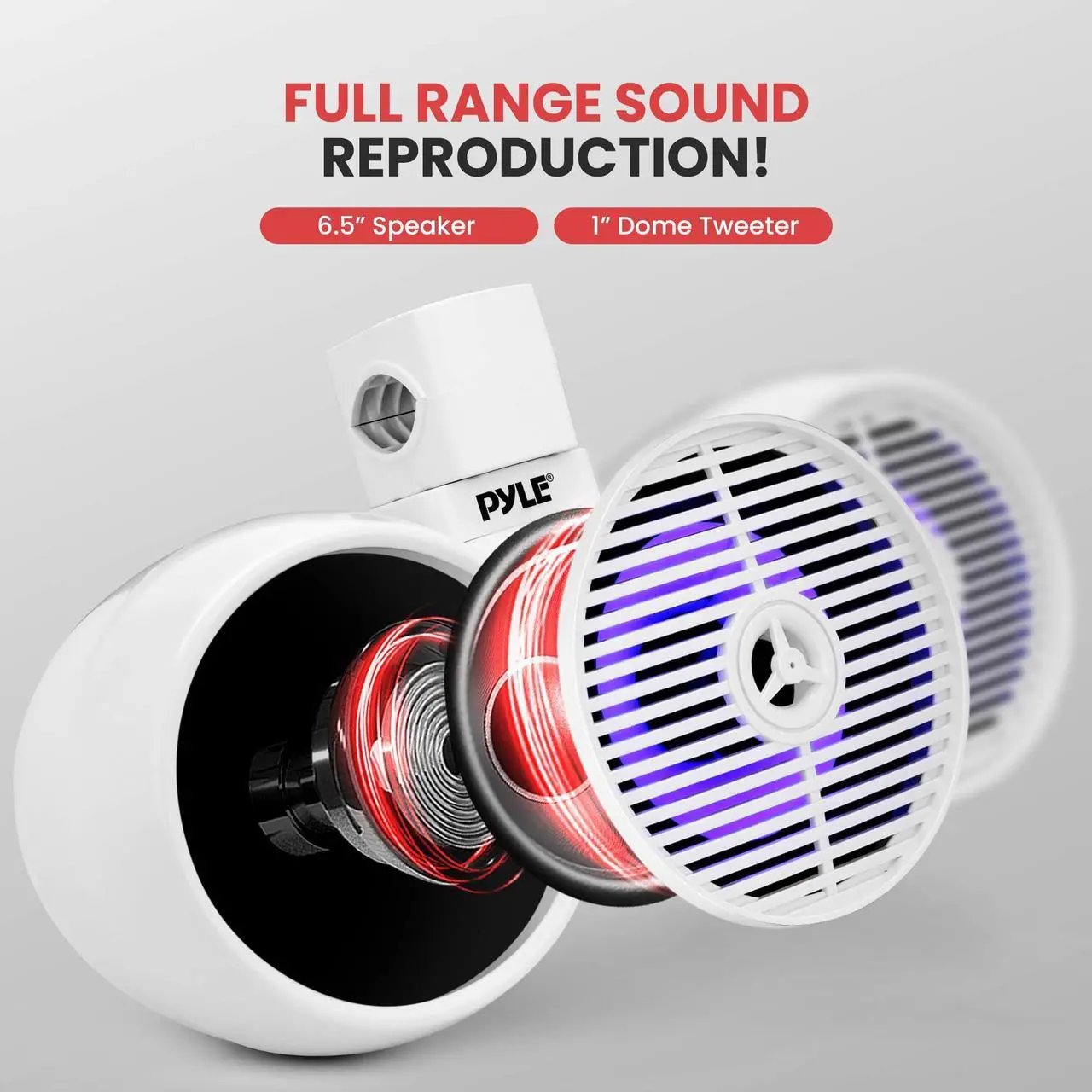 Alt view image 3 of 5 - Dual Bluetooth Off-Road Speakers - 6.5 200W 2-Way Marine Waterproof Wakeboard Tower Sound System w/LED Light, Full Range Outdoor Stereo Speaker for Car ATV Jeep Boat, Includes Brackets (White)
