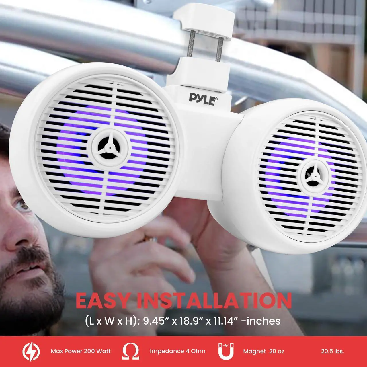 Alt view image 5 of 5 - Dual Bluetooth Off-Road Speakers - 6.5 200W 2-Way Marine Waterproof Wakeboard Tower Sound System w/LED Light, Full Range Outdoor Stereo Speaker for Car ATV Jeep Boat, Includes Brackets (White)