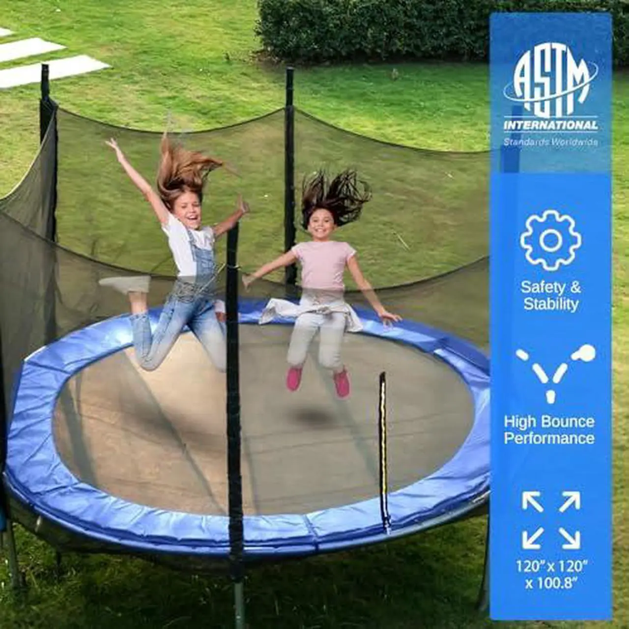 Alt view image 3 of 7 - SereneLife 10FT Trampoline Outdoor  Heavy-Duty Backyard Trampoline for Kids and Adults with Wide Jumping Surface, Stable L-Shaped Legs, Safety Net, ASTM Approved, Supports 264 lbs., 120 x 100 IN