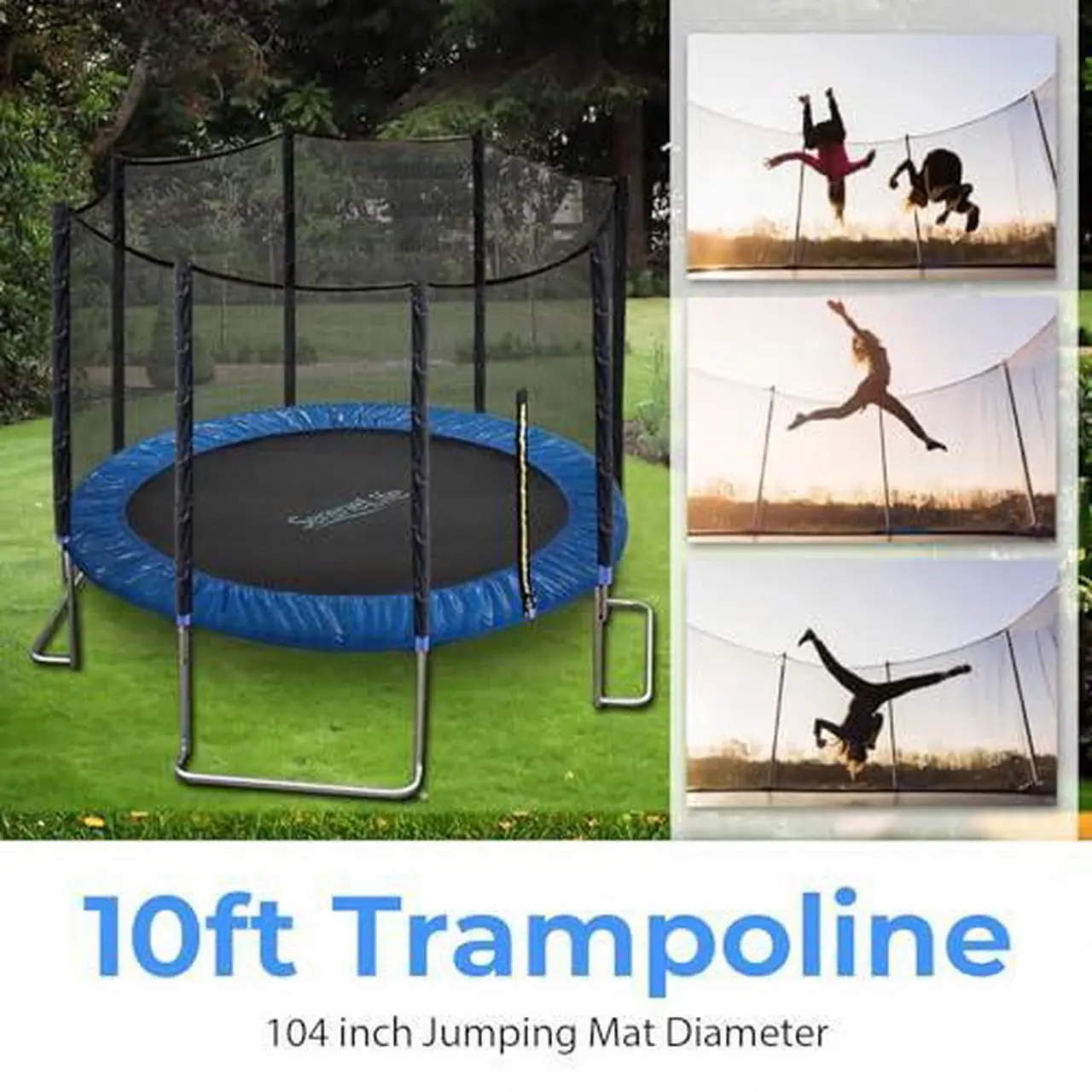 Alt view image 6 of 7 - SereneLife 10FT Trampoline Outdoor  Heavy-Duty Backyard Trampoline for Kids and Adults with Wide Jumping Surface, Stable L-Shaped Legs, Safety Net, ASTM Approved, Supports 264 lbs., 120 x 100 IN
