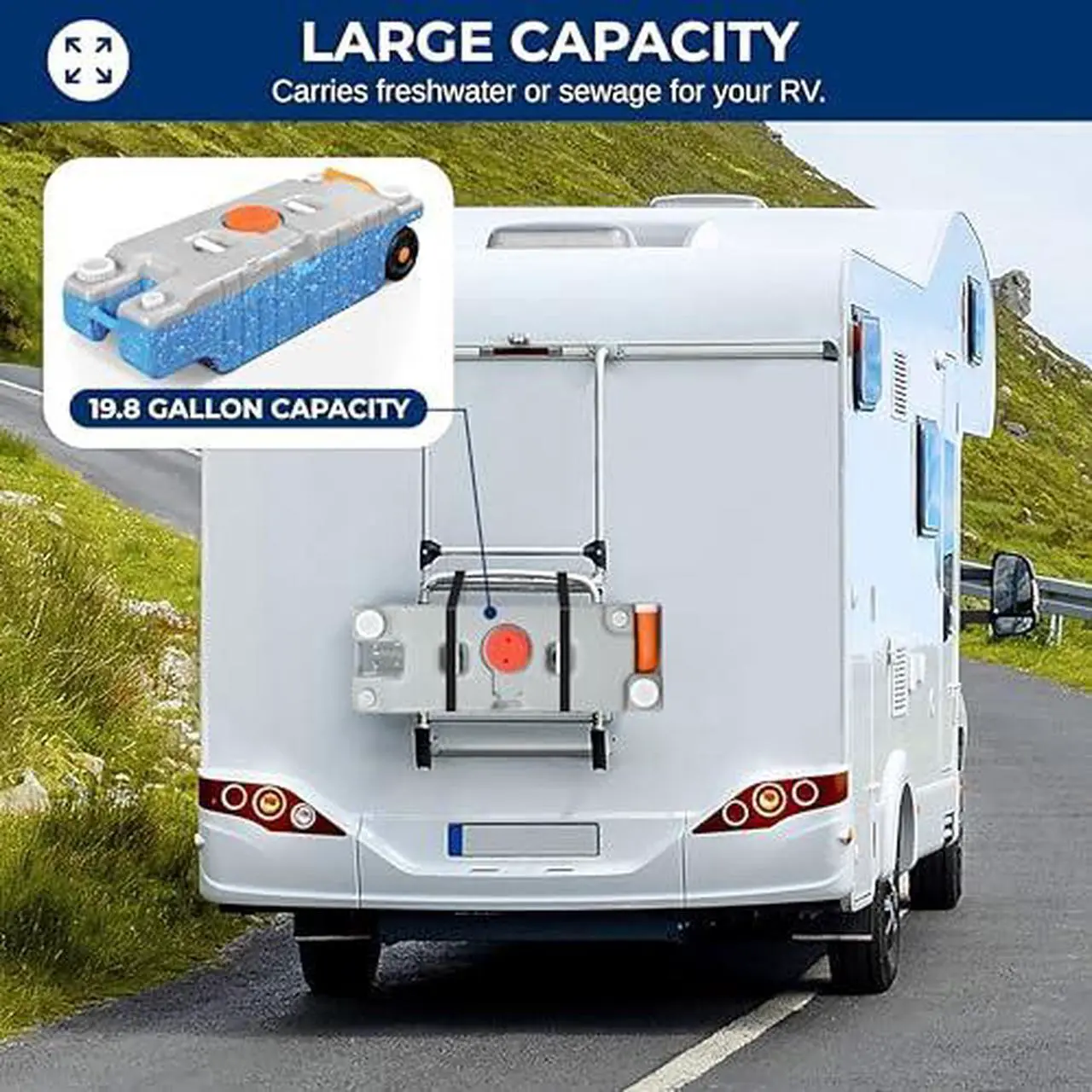 Alt view image 2 of 6 - SereneLife 19.8 Gallon / 75 Liter RV Portable Water Tank with Metal Handle, Large Wheels, Level Indicator, Rotating Empty Spout, Fast Emptying, Camping Container for Freshwater or Sewage Storage