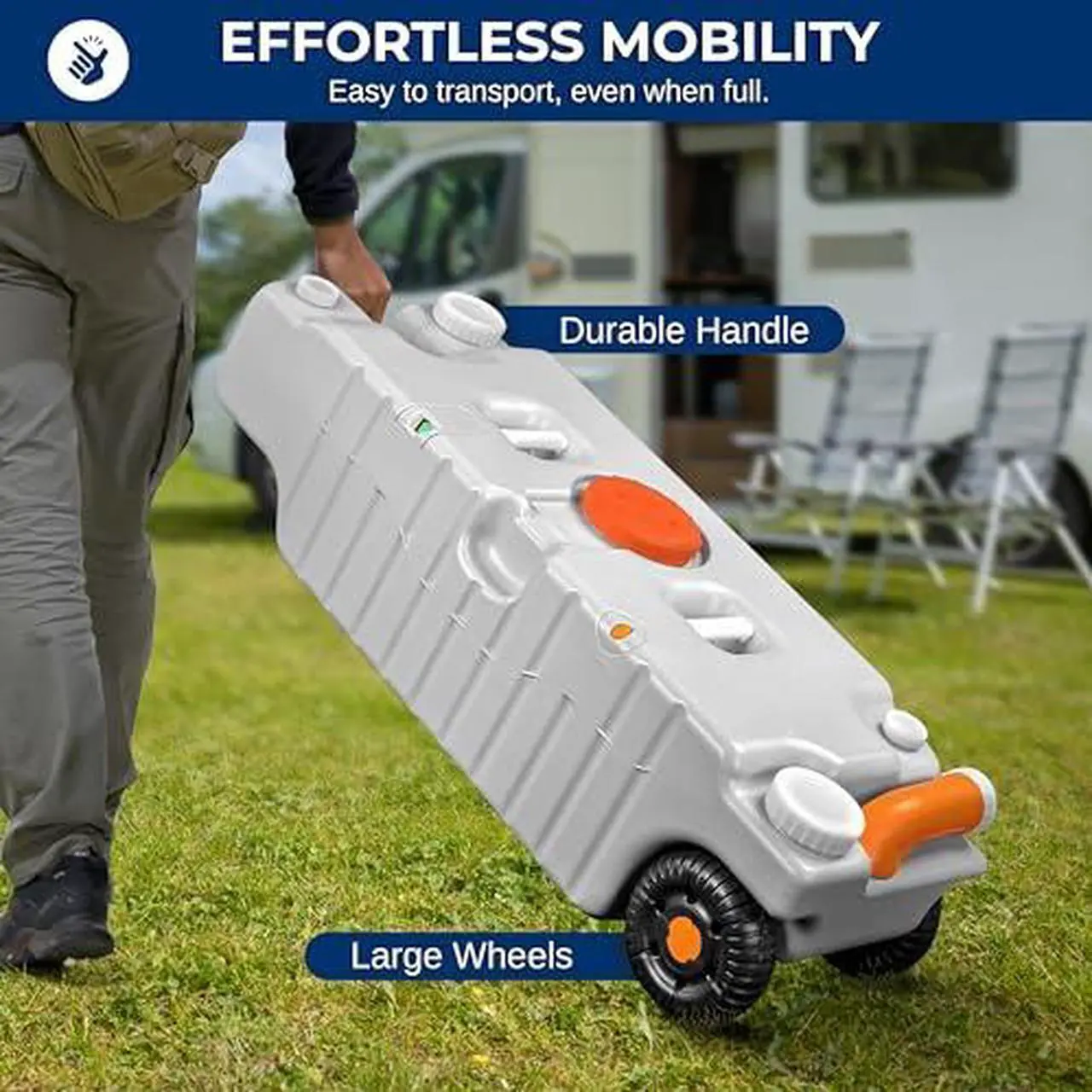 Alt view image 3 of 6 - SereneLife 19.8 Gallon / 75 Liter RV Portable Water Tank with Metal Handle, Large Wheels, Level Indicator, Rotating Empty Spout, Fast Emptying, Camping Container for Freshwater or Sewage Storage