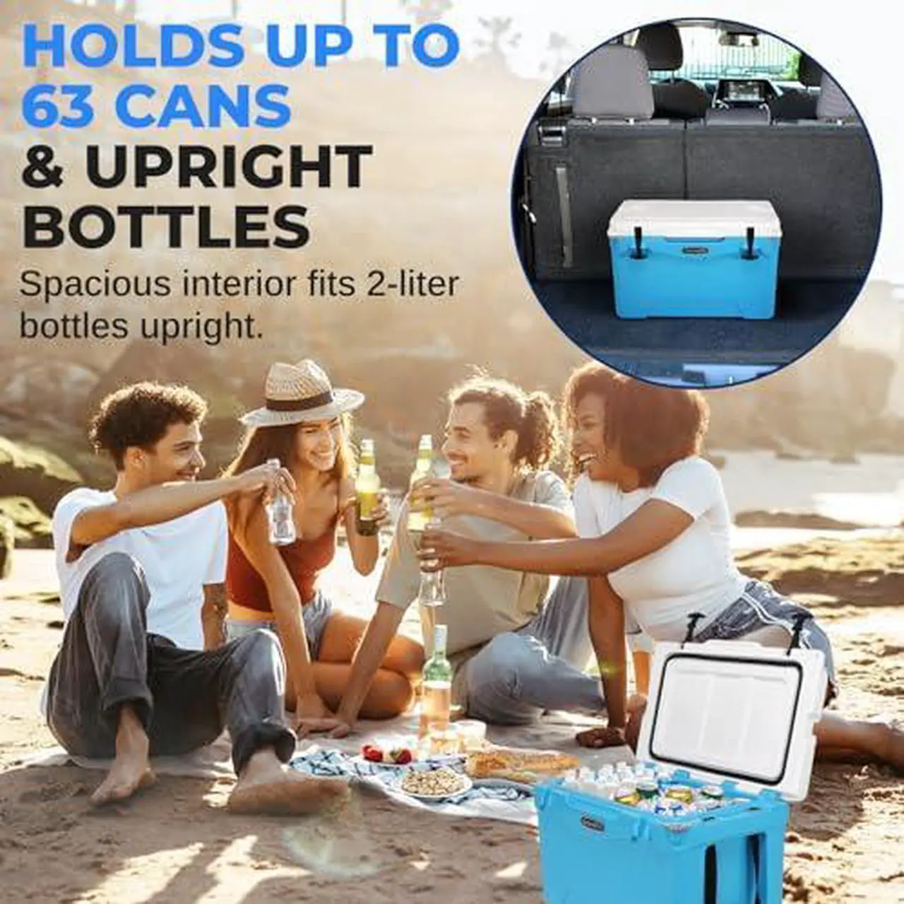 Alt view image 2 of 7 - 35 Quart Portable Cooler Box - Lightweight Heavy-Duty Travel Ice Cooler with 2-Way Handles, Drain - 5 Days Ice Retention, Holds 63 12-Ounce Cans & 2-liter Bottles - SereneLife SLCB35BL (Blue)