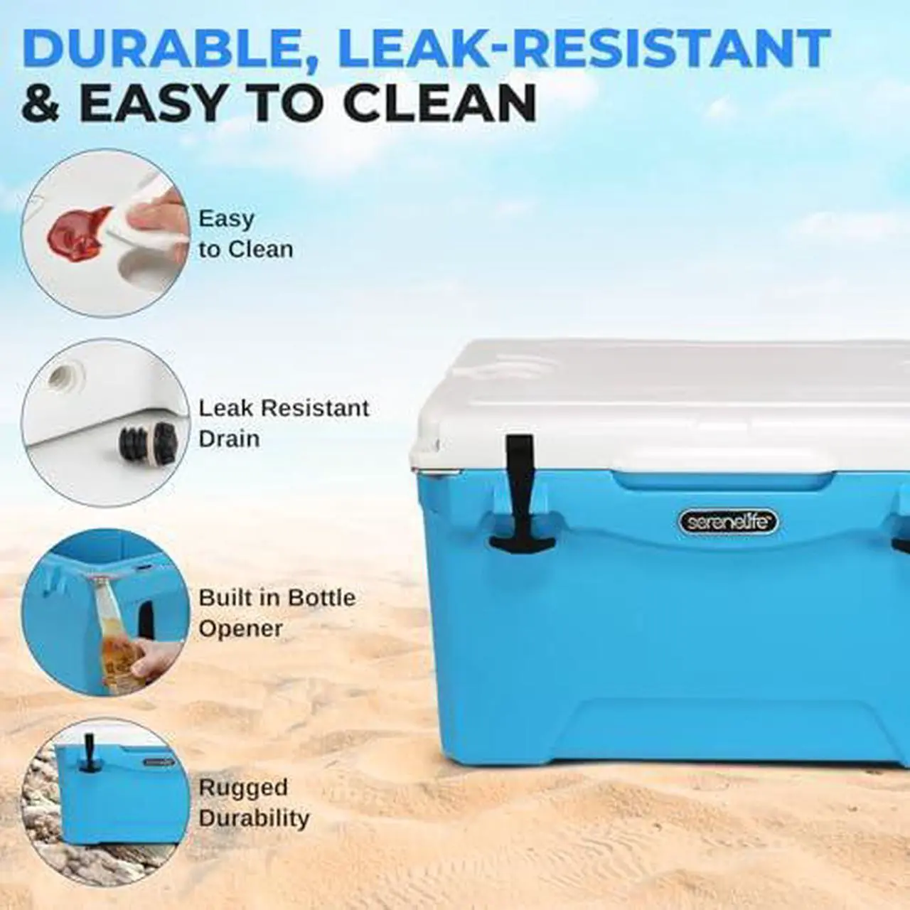 Alt view image 5 of 7 - 35 Quart Portable Cooler Box - Lightweight Heavy-Duty Travel Ice Cooler with 2-Way Handles, Drain - 5 Days Ice Retention, Holds 63 12-Ounce Cans & 2-liter Bottles - SereneLife SLCB35BL (Blue)