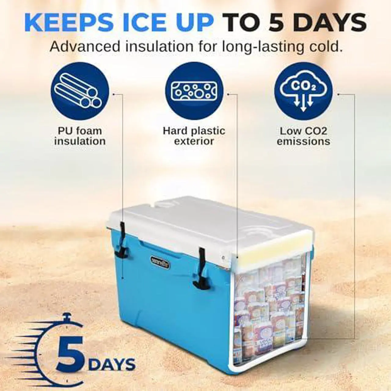 Alt view image 3 of 7 - 35 Quart Portable Cooler Box - Lightweight Heavy-Duty Travel Ice Cooler with 2-Way Handles, Drain - 5 Days Ice Retention, Holds 63 12-Ounce Cans & 2-liter Bottles - SereneLife SLCB35BL (Blue)