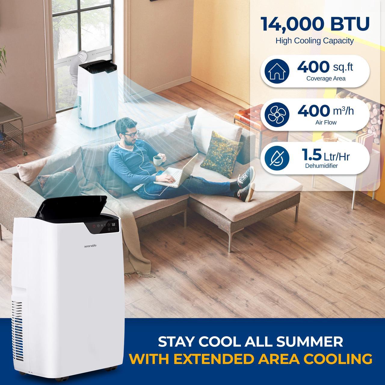 Alt view image 2 of 7 - Serene Life Single Duct Portable Air Conditioner and Heater - 14000 BTU Cooling Capacity (ASHRAE) Compact Home A/C Cooling and Heating Unit with Smart Wi-Fi control, Built-in Dehumidifier & Fan Modes.