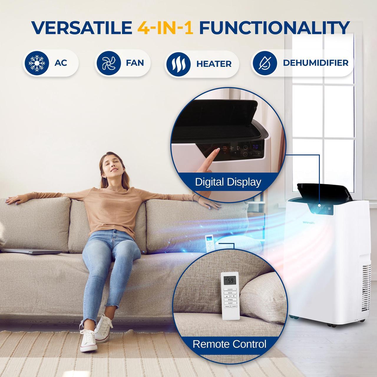 Alt view image 3 of 7 - Serene Life Single Duct Portable Air Conditioner and Heater - 14000 BTU Cooling Capacity (ASHRAE) Compact Home A/C Cooling and Heating Unit with Smart Wi-Fi control, Built-in Dehumidifier & Fan Modes.