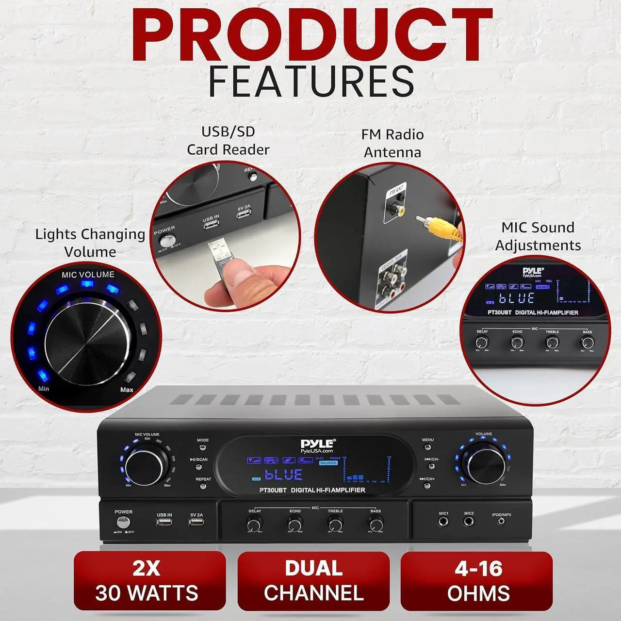 Alt view image 6 of 7 - Pyle Home Theater Wireless BT Streaming Receiver Amplifier - 2x30W Dual Channel System with MP3/USB/FM Radio