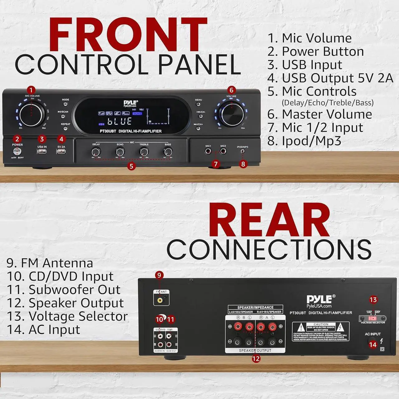 Alt view image 7 of 7 - Pyle Home Theater Wireless BT Streaming Receiver Amplifier - 2x30W Dual Channel System with MP3/USB/FM Radio