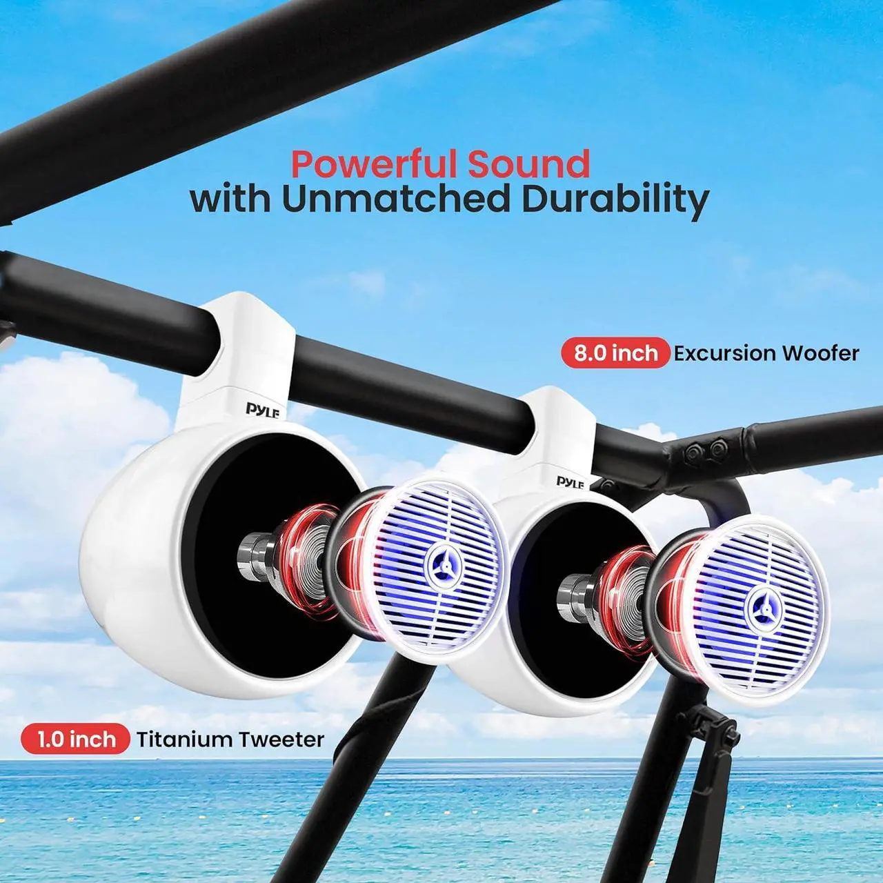Alt view image 2 of 7 - Pyle 8'' Marine Wakeboard Bluetooth Speaker System - Water Resistant with LED Lights - PLMRWKBT85WT - White