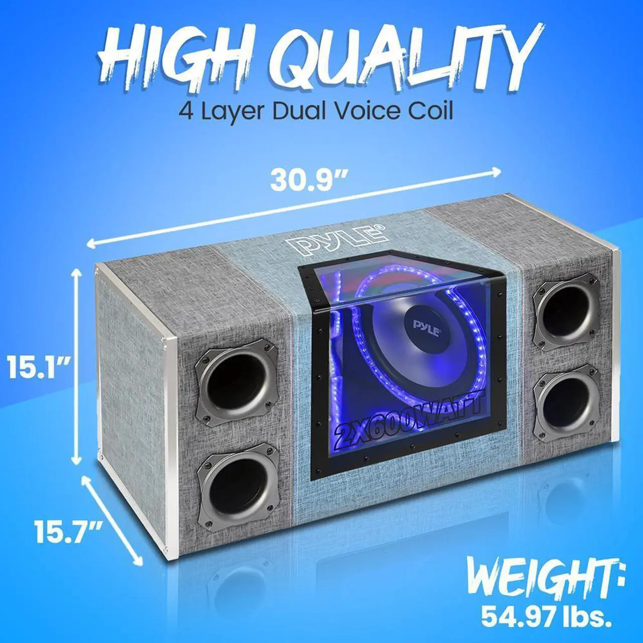 Alt view image 5 of 7 - Pyle 12" Dual Subwoofer Box System, Rear Vented Design, 1200W Max Power, Built-in LED Lights (PLBNPS22)