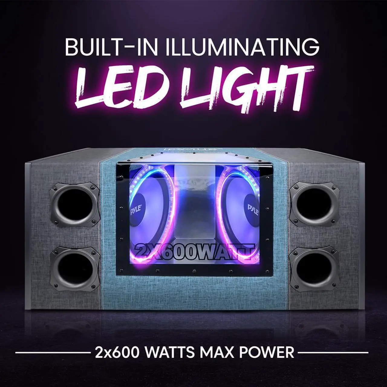 Alt view image 6 of 7 - Pyle 12" Dual Subwoofer Box System, Rear Vented Design, 1200W Max Power, Built-in LED Lights (PLBNPS22)