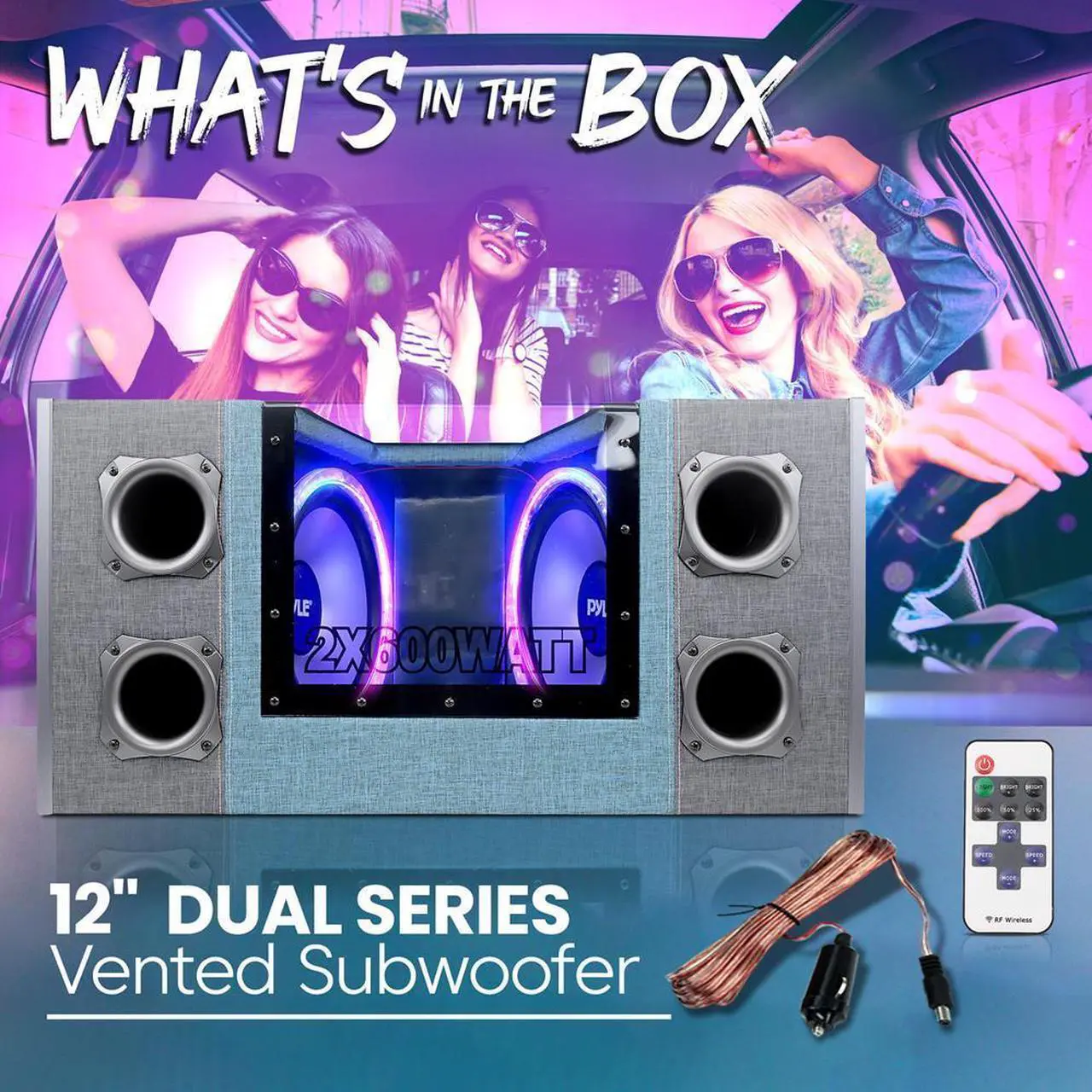Alt view image 7 of 7 - Pyle 12" Dual Subwoofer Box System, Rear Vented Design, 1200W Max Power, Built-in LED Lights (PLBNPS22)