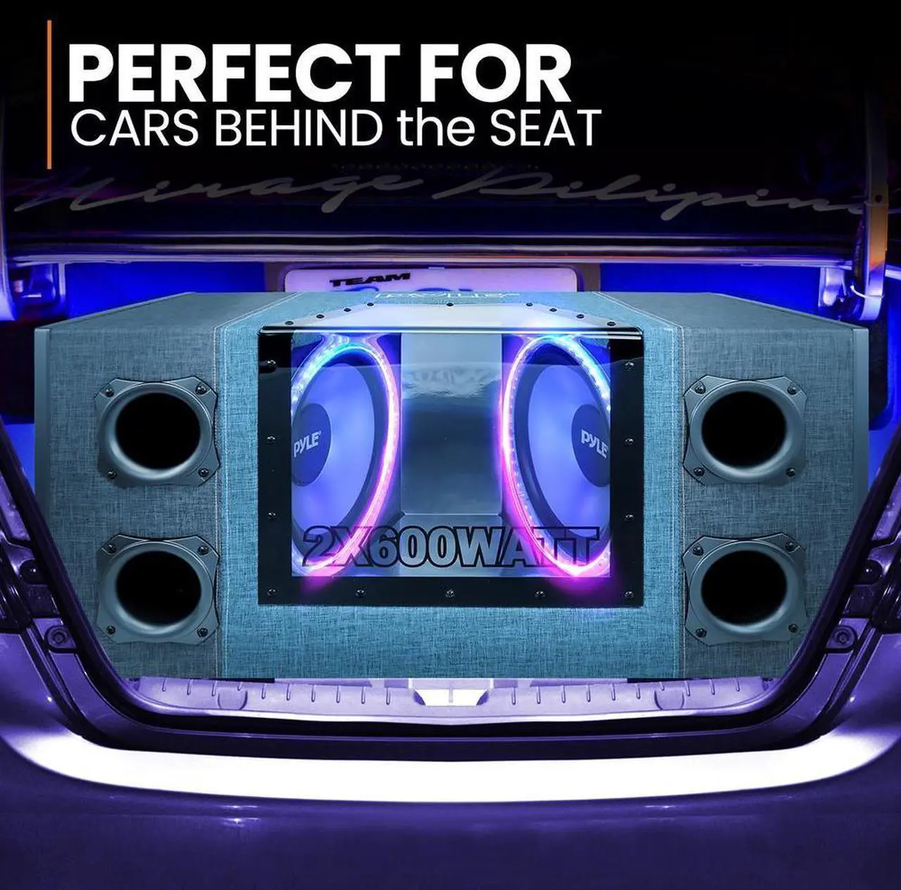 Alt view image 2 of 7 - Pyle 12" Dual Subwoofer Box System, Rear Vented Design, 1200W Max Power, Built-in LED Lights (PLBNPS22)