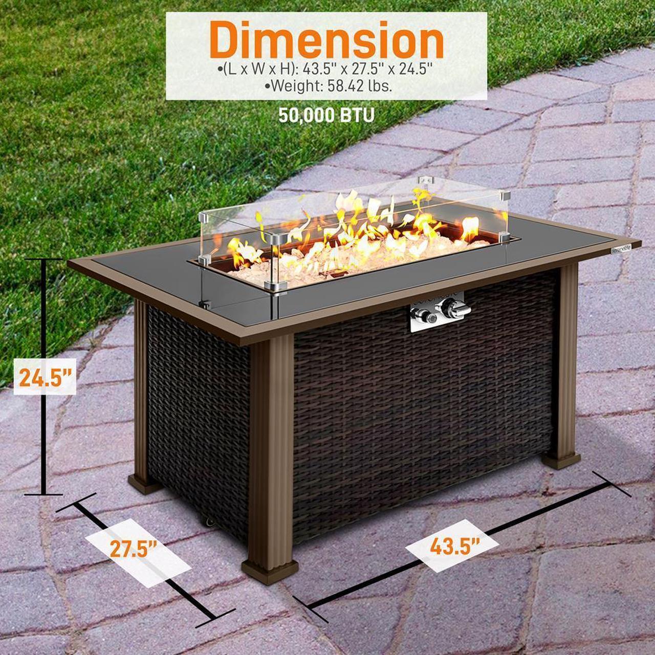 Alt view image 2 of 7 - SereneLife Outdoor Propane Gas Fire Pit Table - 50,000 BTU Auto-Ignition Gas Firepit with Glass Wind Guard, Black Tempered Glass Tabletop & Clear Glass Rock, SKU SLNFLG44