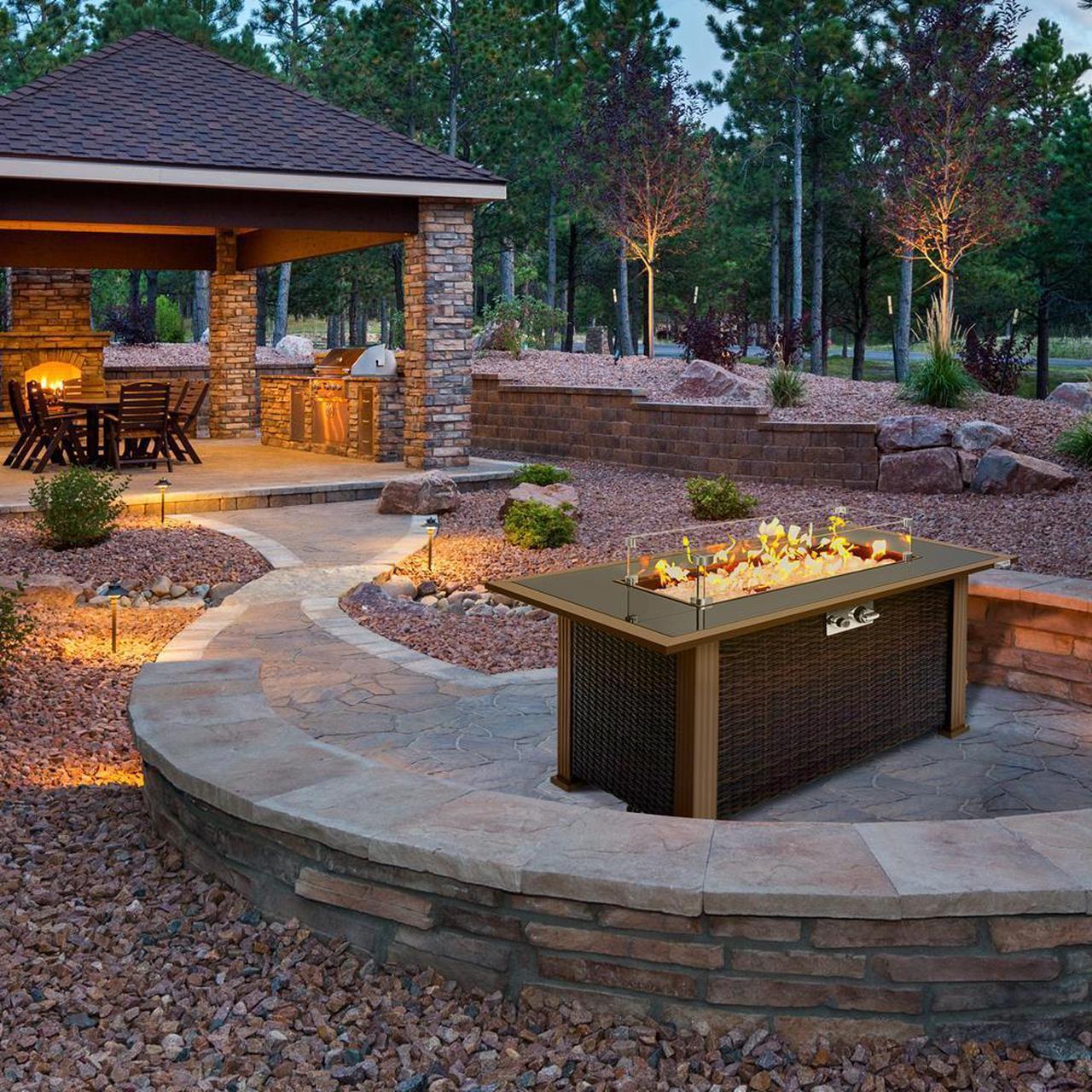 Alt view image 7 of 7 - SereneLife Outdoor Propane Gas Fire Pit Table - 50,000 BTU Auto-Ignition Gas Firepit with Glass Wind Guard, Black Tempered Glass Tabletop & Clear Glass Rock, SKU SLNFLG44
