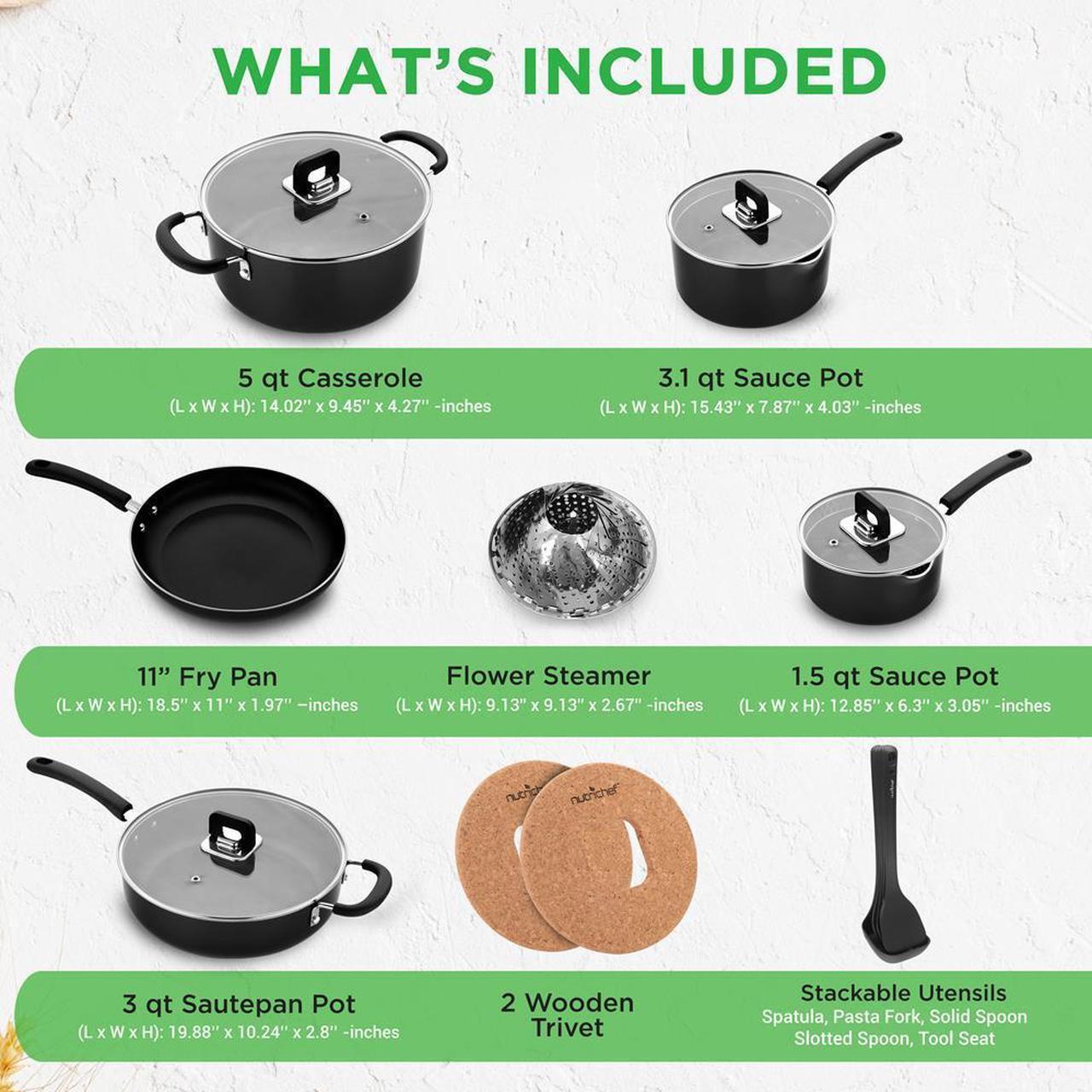 Alt view image 6 of 7 - NutriChef 17-Piece Stackable Non-Stick Kitchenware Cookware Set  Black (NCCWSTKBLK)