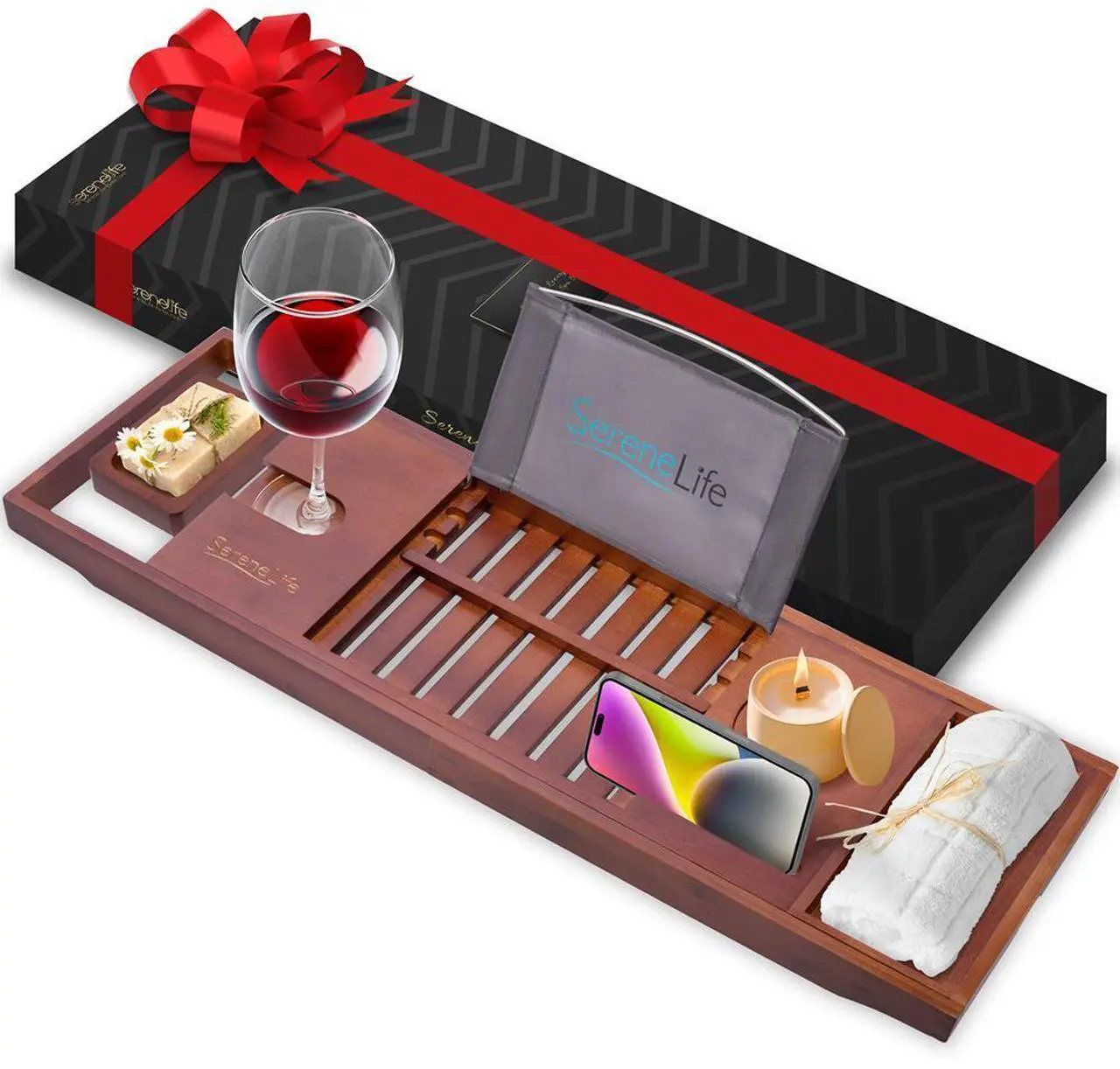 Main image of SereneLife Brown Bamboo Bathtub Caddy Tray - Adjustable Length with Soap Box (SLBCAD29B)