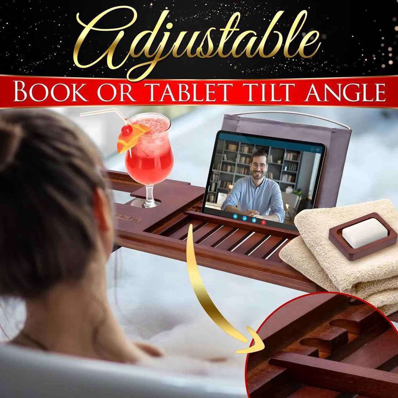 Alt view image 6 of 7 - SereneLife Brown Bamboo Bathtub Caddy Tray - Adjustable Length with Soap Box (SLBCAD29B)